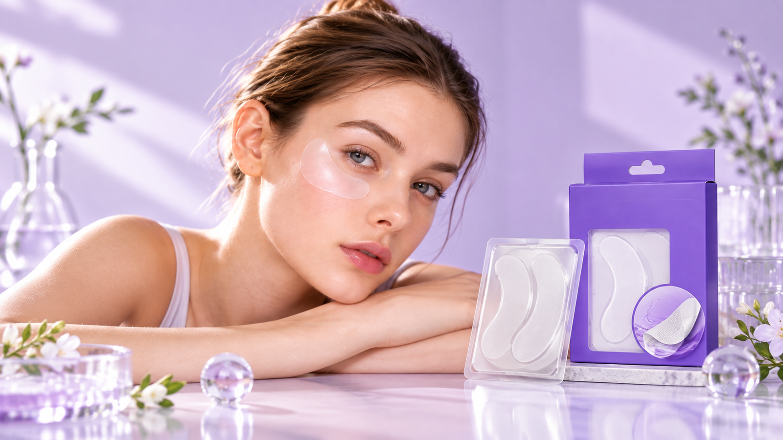 Young woman wearing a transparent under-eye patch, with EasyDERM eye patches and purple packaging displayed beside her.